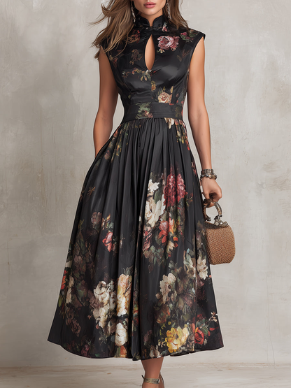 Patricia | Robe Midi Plissée en Satin Floral Noir