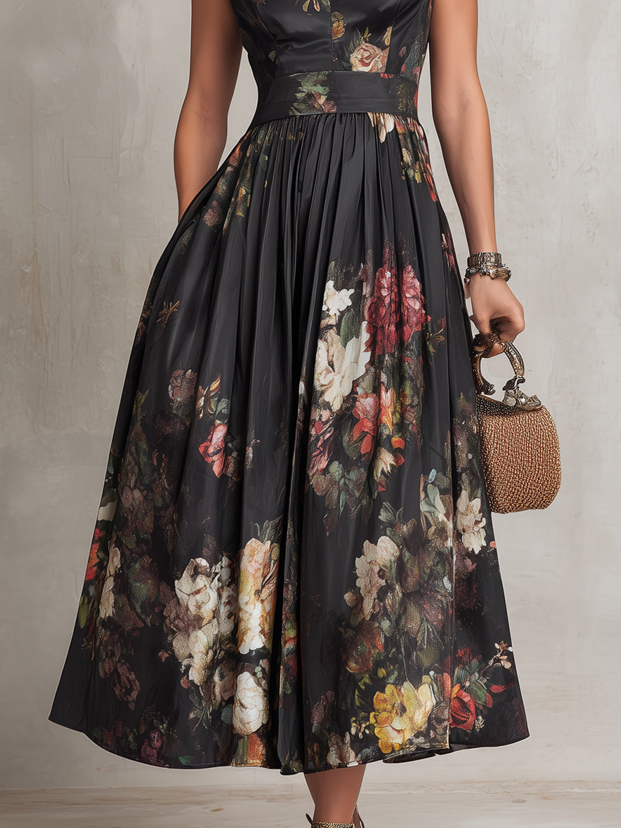 Patricia | Robe Midi Plissée en Satin Floral Noir