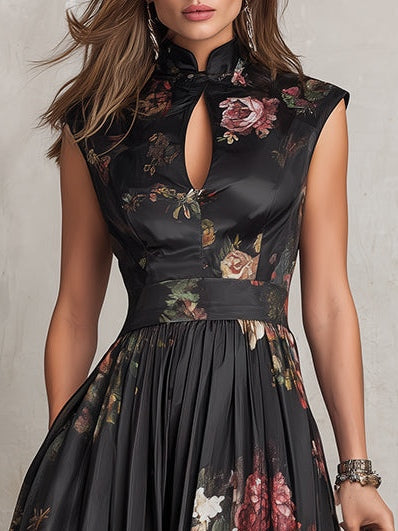 Patricia | Robe Midi Plissée en Satin Floral Noir