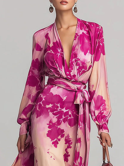 Julia | Robe Maxi Ceinturée à Fleurs et Décolleté en V