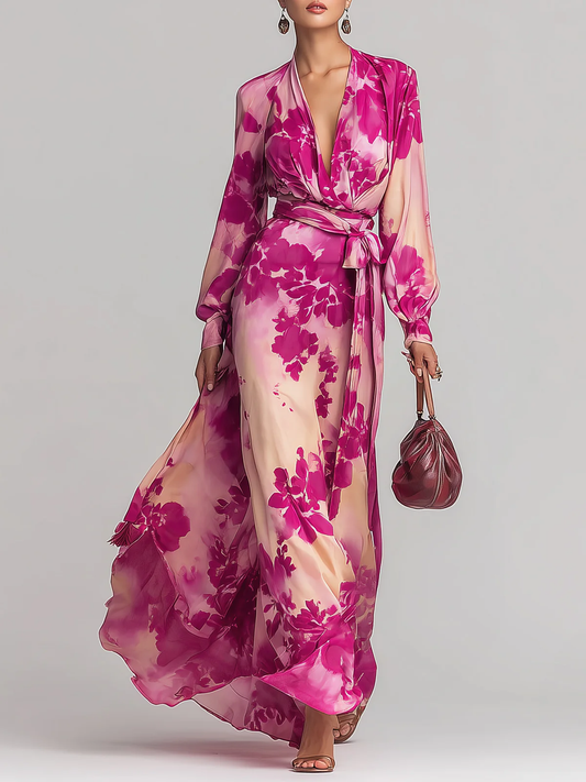 Julia | Robe Maxi Ceinturée à Fleurs et Décolleté en V