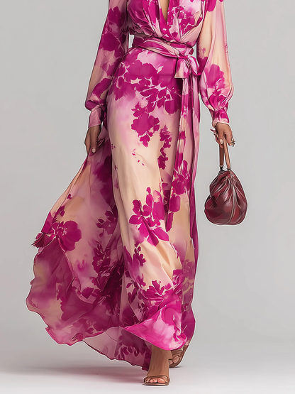 Julia | Robe Maxi Ceinturée à Fleurs et Décolleté en V