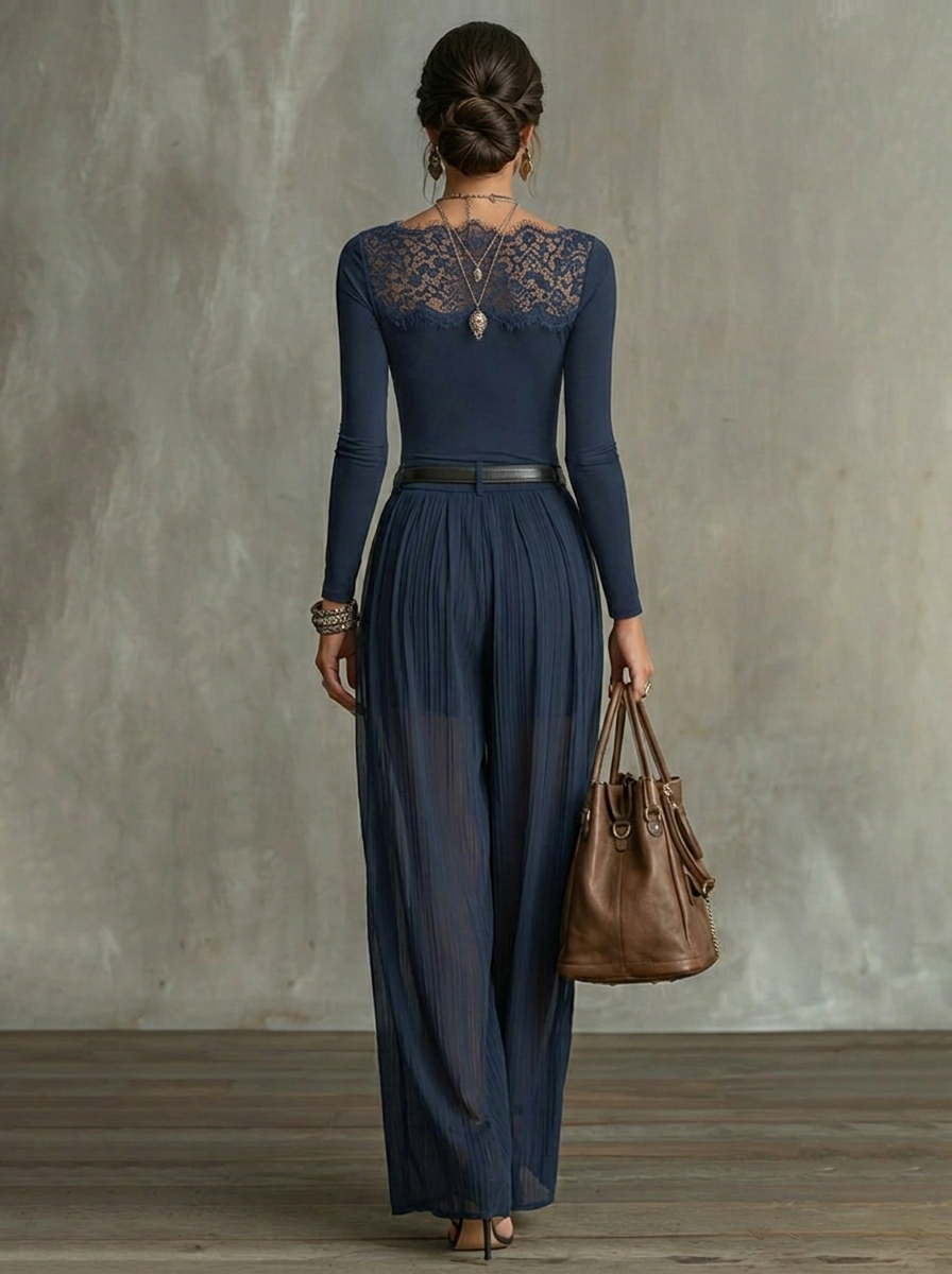 Serena | Ensemble Top à Panneaux en Dentelle & Pantalons Amples Transparent