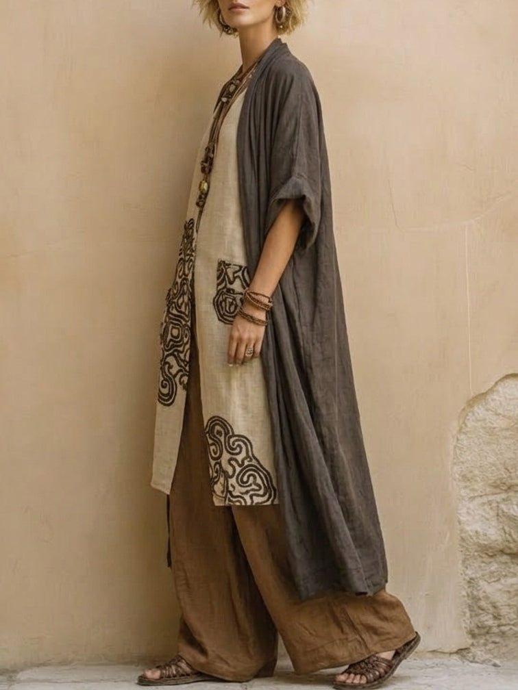 Sophie | Ensemble Trois Pièces Imprimé Tribal Gris Foncé & Marron