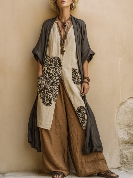 Sophie | Ensemble Trois Pièces Imprimé Tribal Gris Foncé & Marron