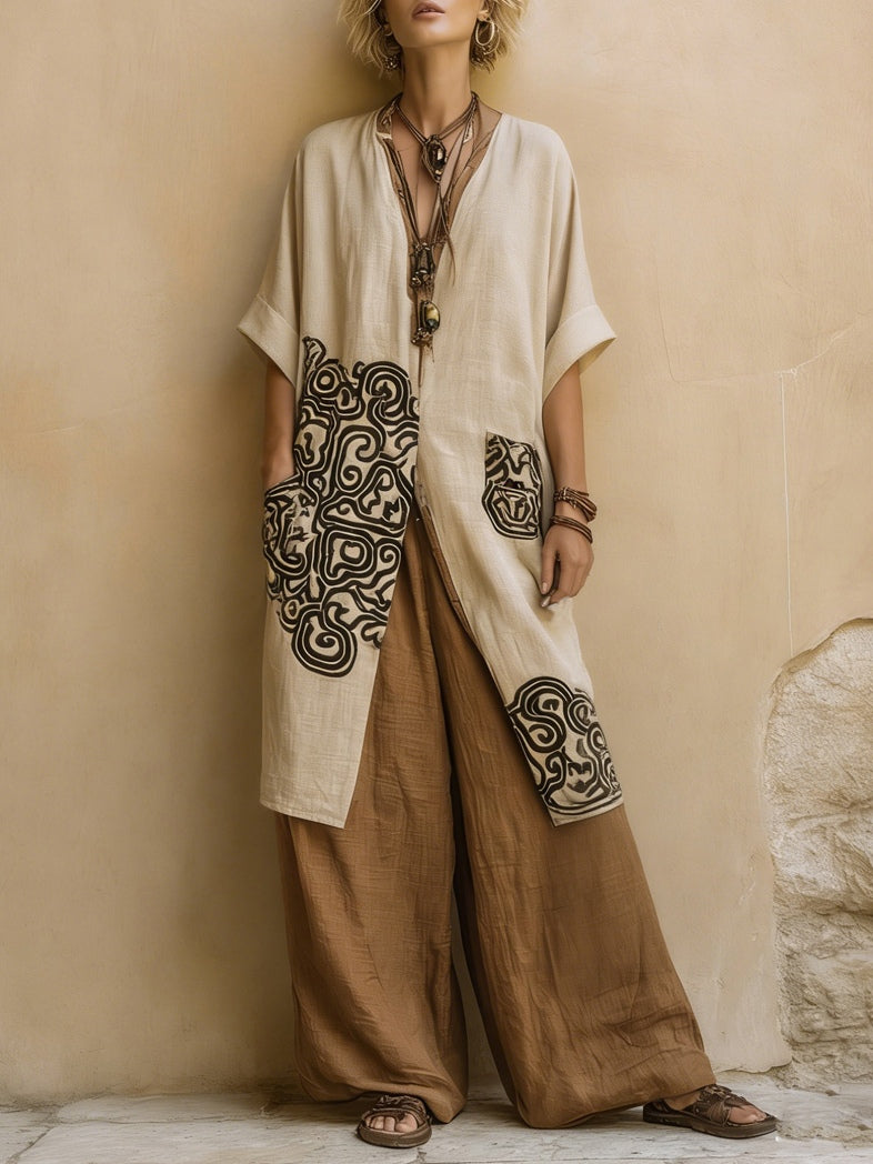 Sophie | Ensemble Trois Pièces Imprimé Tribal Gris Foncé & Marron