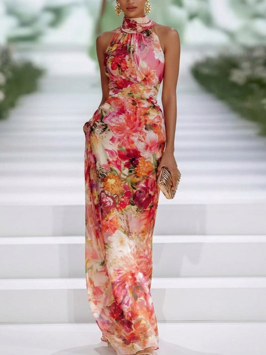 Fae | Robe Maxi Sans Manches en Chiffon Rouge à Fleurs