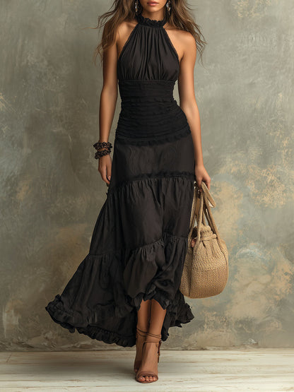 Susie | Robe maxi en dentelle à volants et col montant bohème