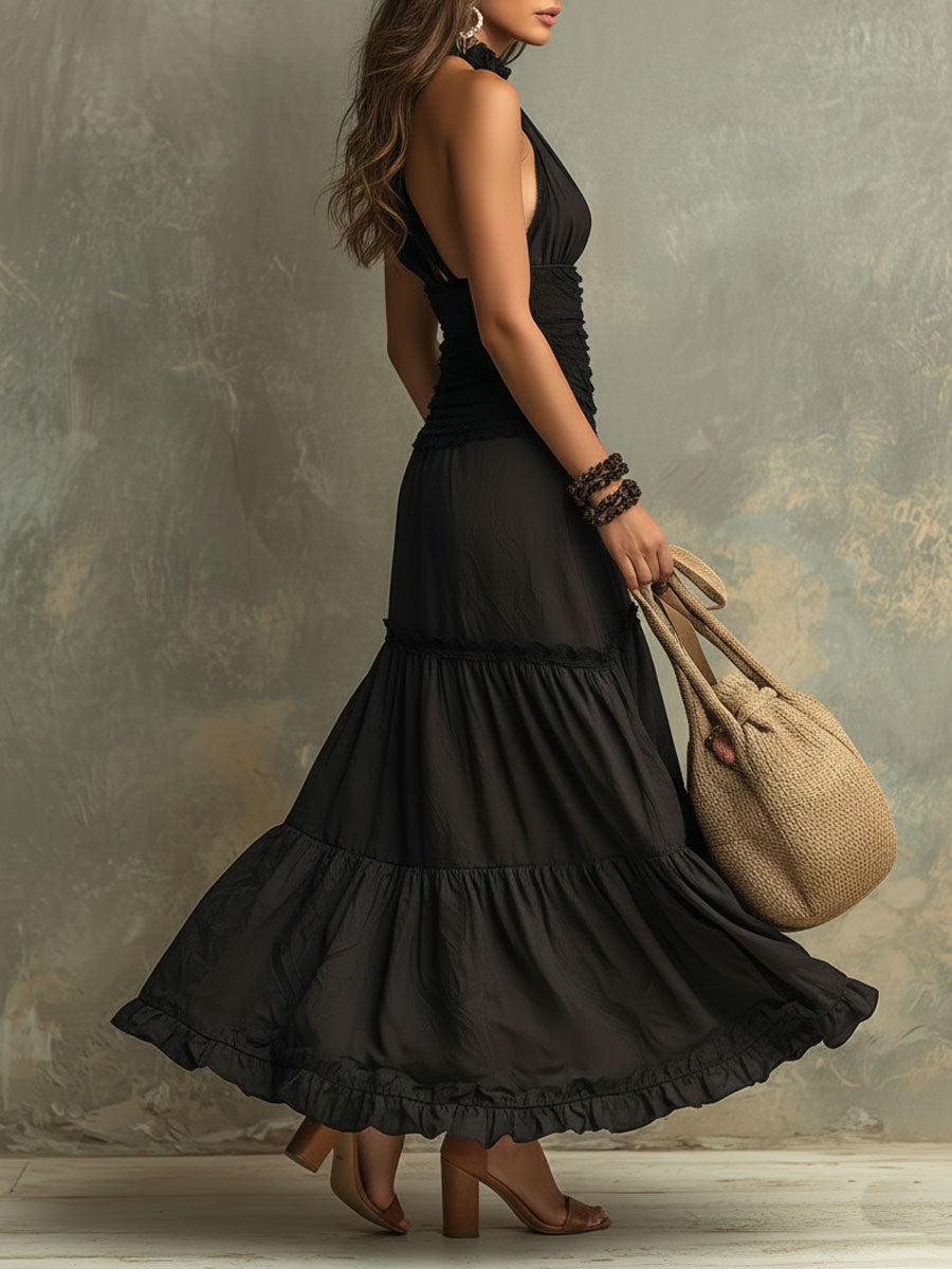 Susie | Robe maxi en dentelle à volants et col montant bohème