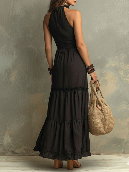 Susie | Robe maxi en dentelle à volants et col montant bohème