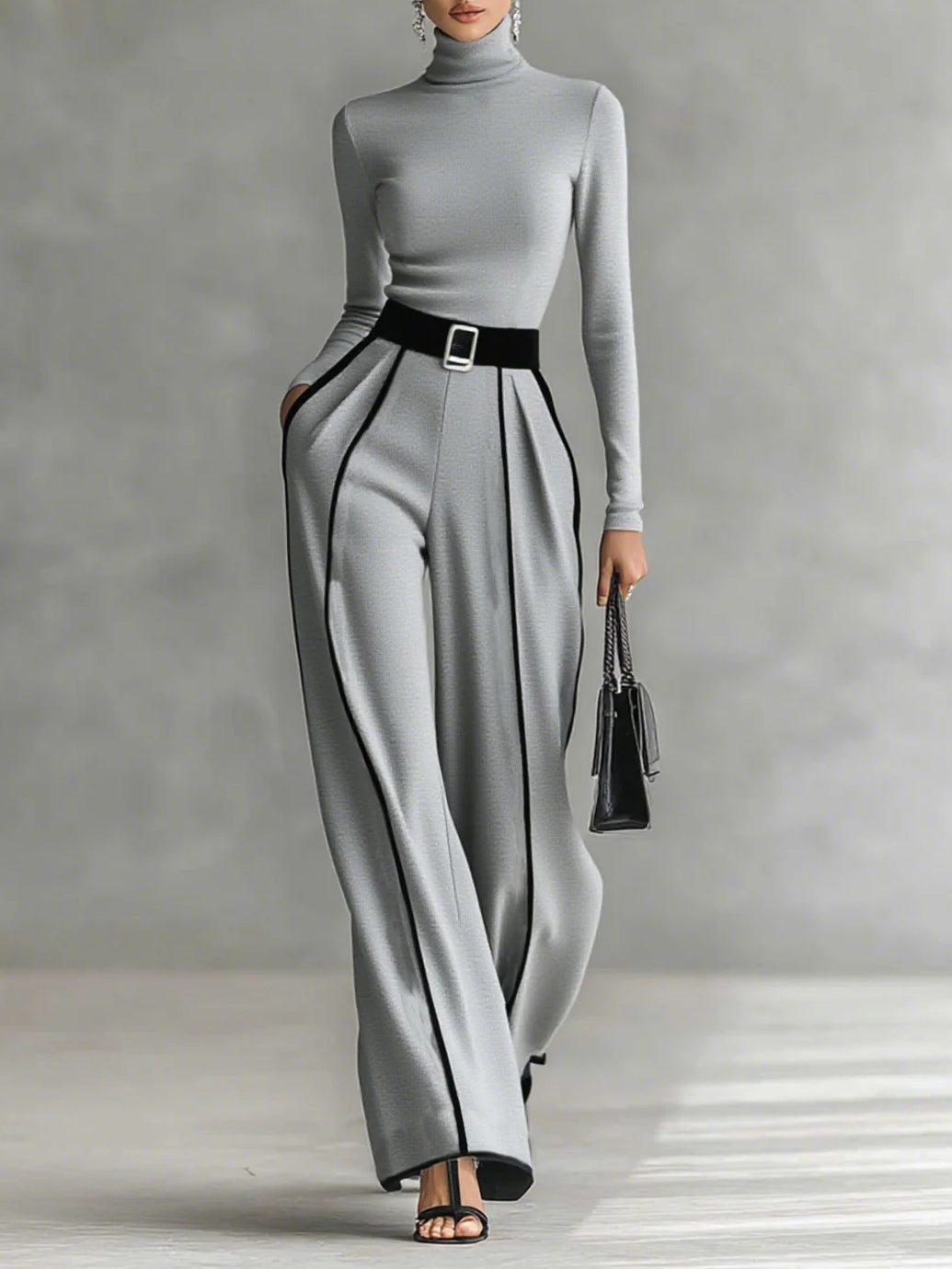 Sophia | Ensemble Top Col Montant et Pantalons Évasés