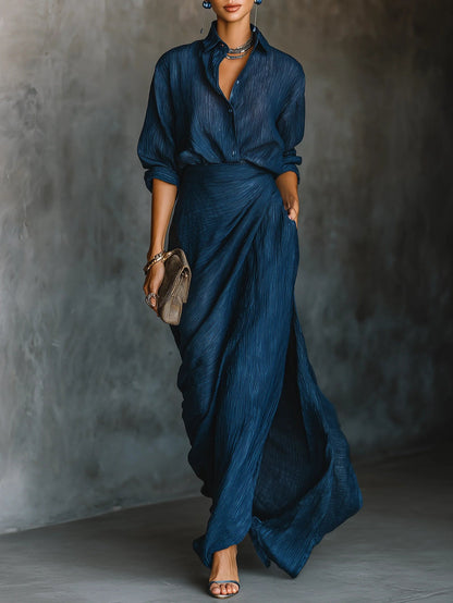 Jenny | Ensemble Jupe Longue en Mélange Bleu Élégant