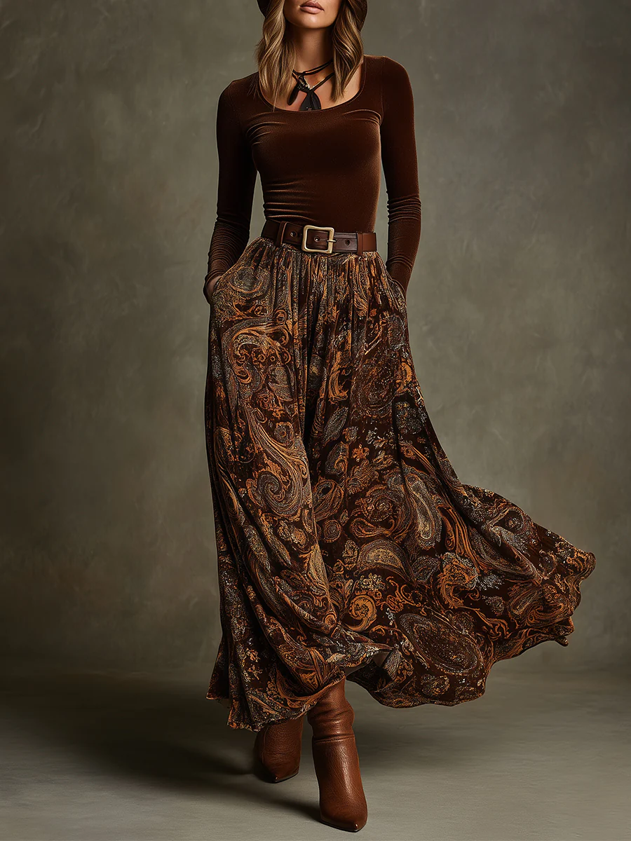 Vivienne | Ensemble Haut en Velours et Jupe Maxi Paisley