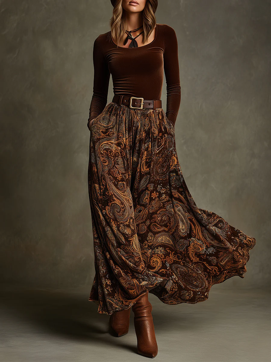 Vivienne | Ensemble Haut en Velours et Jupe Maxi Paisley