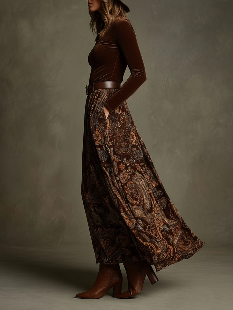 Vivienne | Ensemble Haut en Velours et Jupe Maxi Paisley