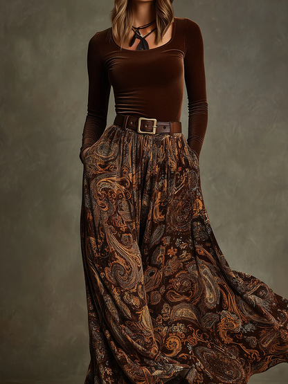 Vivienne | Ensemble Haut en Velours et Jupe Maxi Paisley