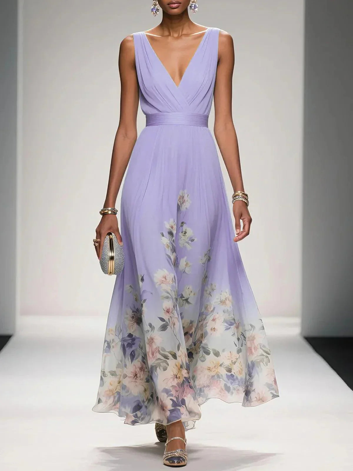 Rose | Robe Maxi Chiffon à Fleurs Bleu Clair Décolleté en V