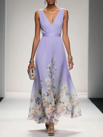 Rose | Robe Maxi Chiffon à Fleurs Bleu Clair Décolleté en V