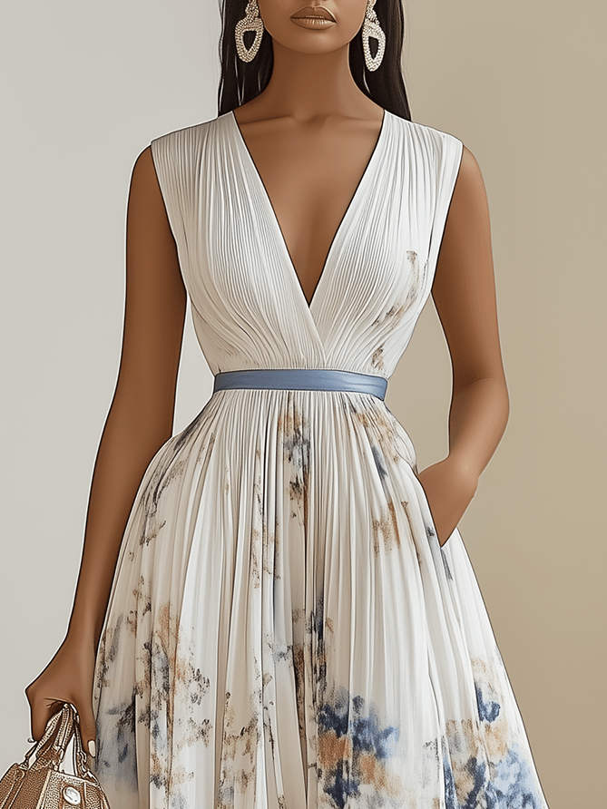 Chloé | Robe midi plissée en chiffon floral blanc à décolleté en V