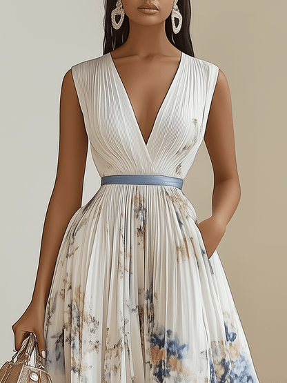 Chloé | Robe midi plissée en chiffon floral blanc à décolleté en V