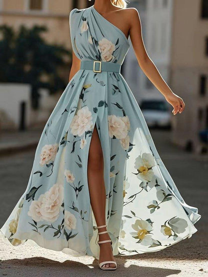 Julie | Robe Maxi Chiffon Fleurie Vert Clair à Une Épaule
