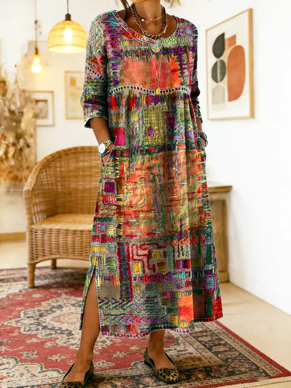 Manuela Robe en Denim avec Patchwork Ethnique