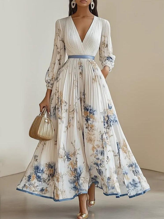 Amalia | Robe Maxi en Chiffon Floral Blanc à Manches Bouffantes