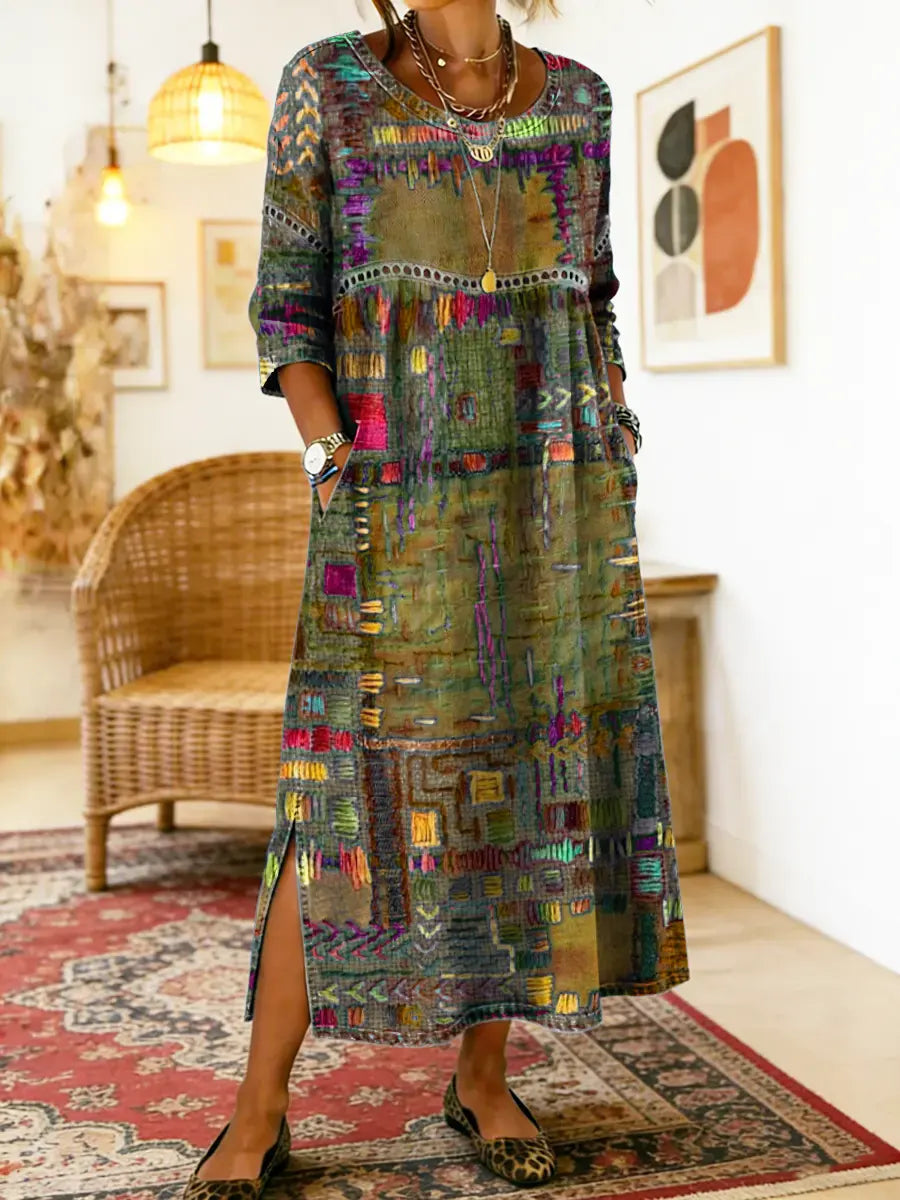 Manuela Robe en Denim avec Patchwork Ethnique