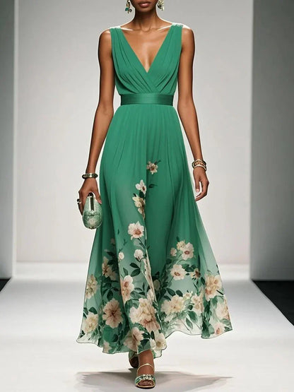 Rose | Robe Maxi Chiffon à Fleurs Bleu Clair Décolleté en V