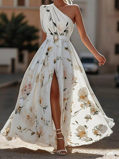 Julie | Robe Maxi Chiffon Fleurie Vert Clair à Une Épaule