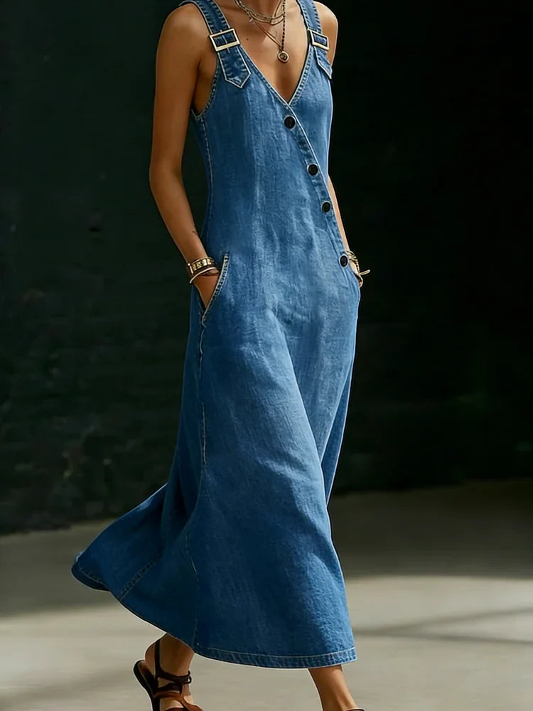 Vera | Longue Robe en Denim à Boutons