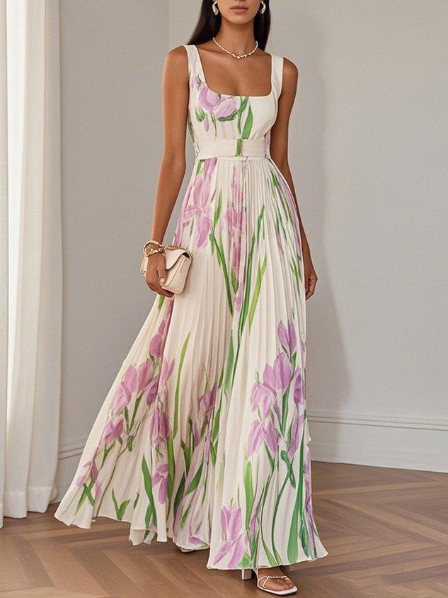 Marie | Robe Maxi en Chiffon Floral Plissé Blanche