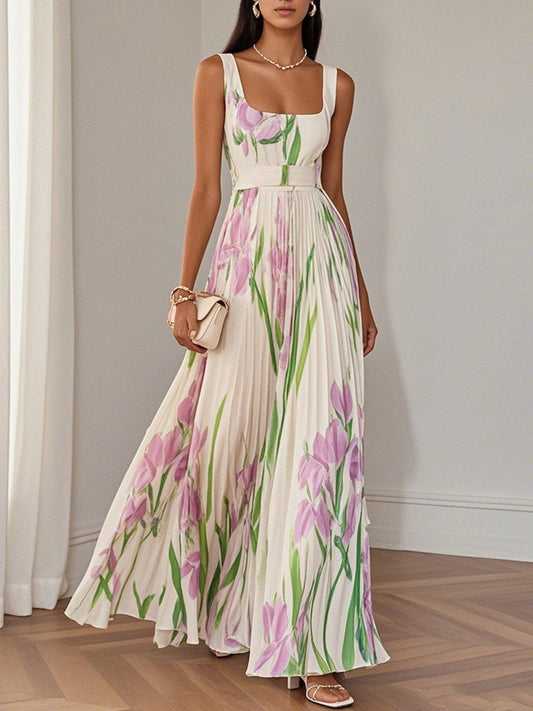 Marie | Robe Maxi en Chiffon Floral Plissé Blanche