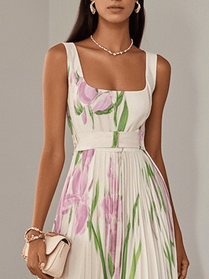 Marie | Robe Maxi en Chiffon Floral Plissé Blanche