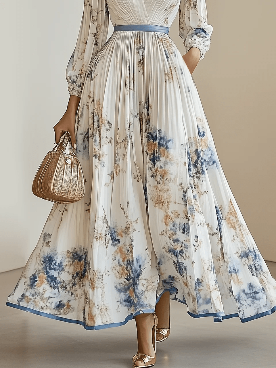 Amalia | Robe Maxi en Chiffon Floral Blanc à Manches Bouffantes