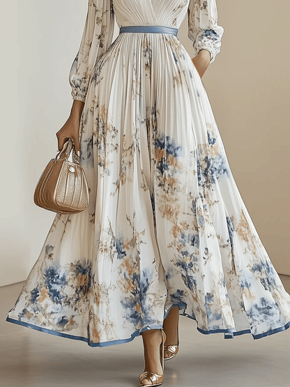 Amalia | Robe Maxi en Chiffon Floral Blanc à Manches Bouffantes