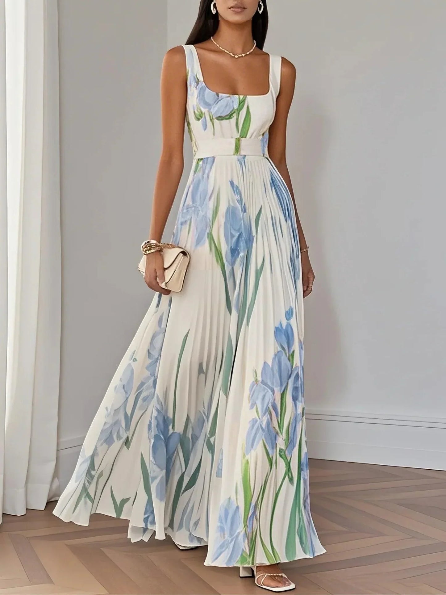 Marie | Robe Maxi en Chiffon Floral Plissé Blanche