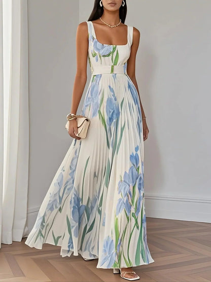 Marie | Robe Maxi en Chiffon Floral Plissé Blanche