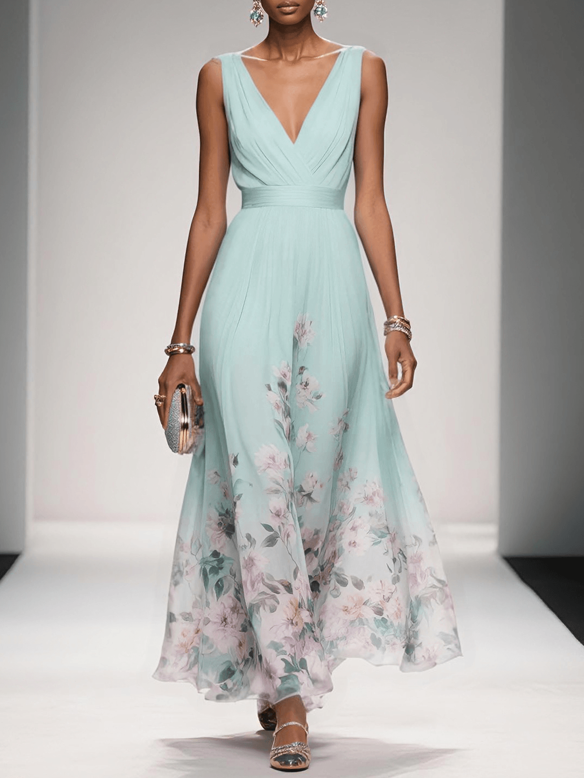 Rose | Robe Maxi Chiffon à Fleurs Bleu Clair Décolleté en V