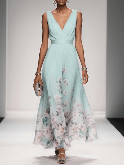 Rose | Robe Maxi Chiffon à Fleurs Bleu Clair Décolleté en V