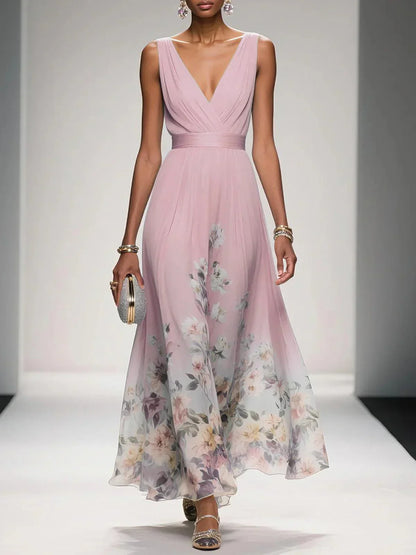 Rose | Robe Maxi Chiffon à Fleurs Bleu Clair Décolleté en V