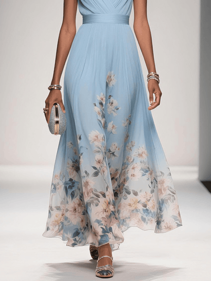 Rose | Robe Maxi Chiffon à Fleurs Bleu Clair Décolleté en V