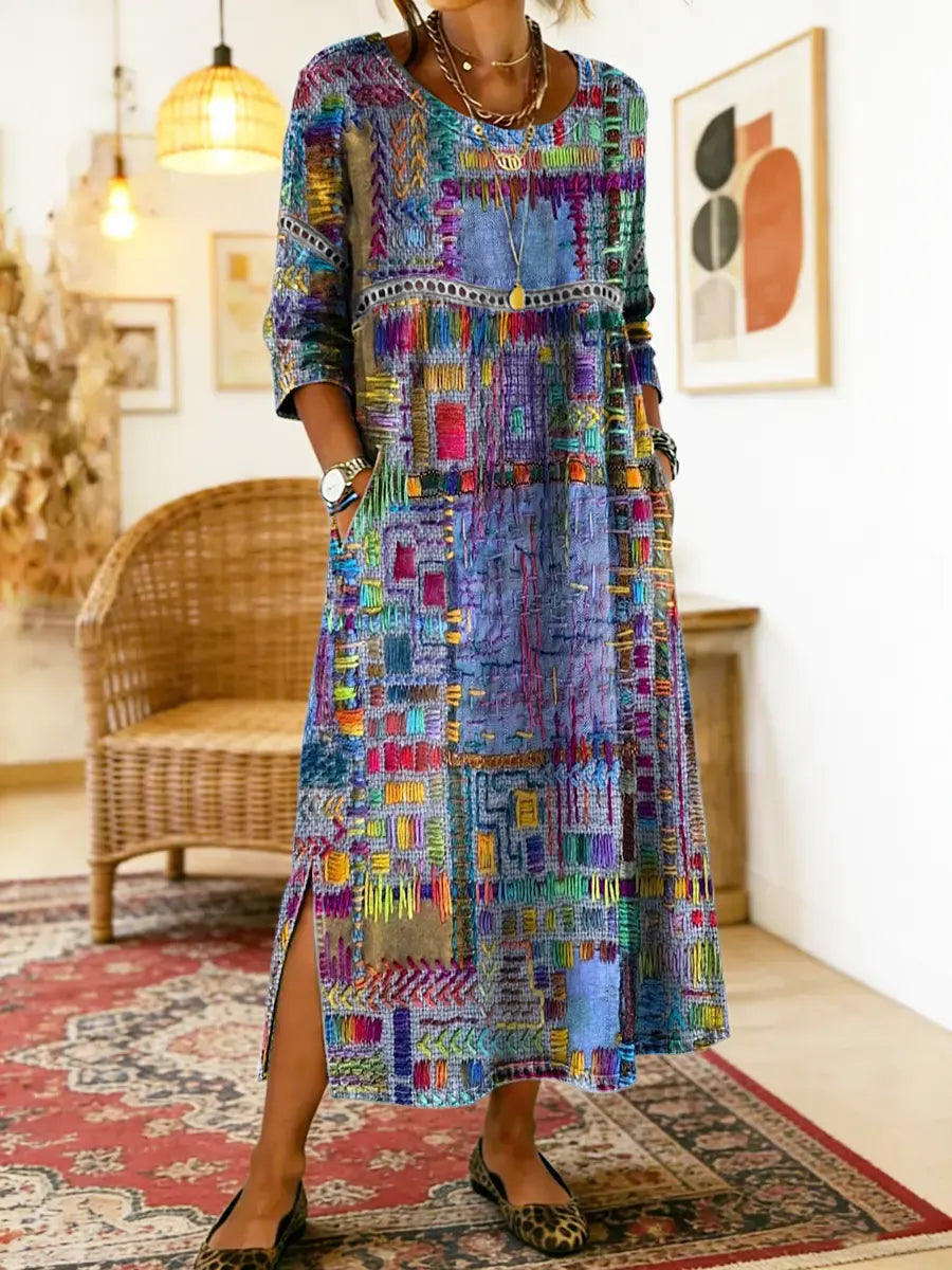 Manuela | Robe en Jean avec Patchwork Ethnique