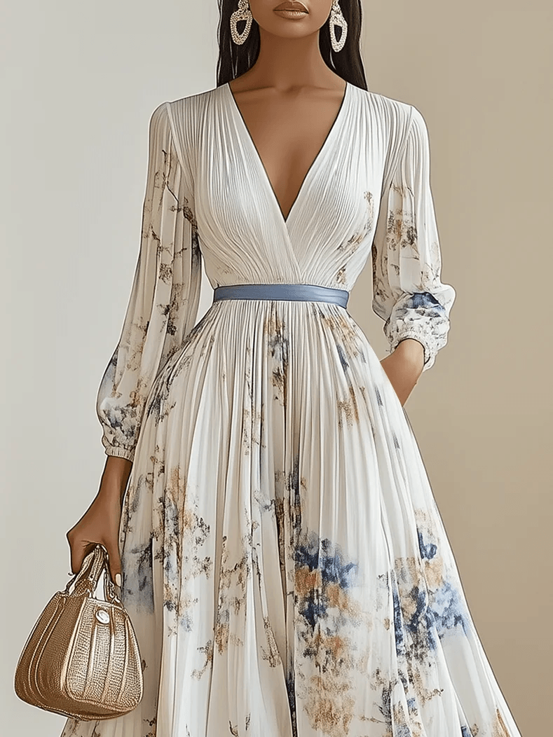 Amalia | Robe Maxi en Chiffon Floral Blanc à Manches Bouffantes