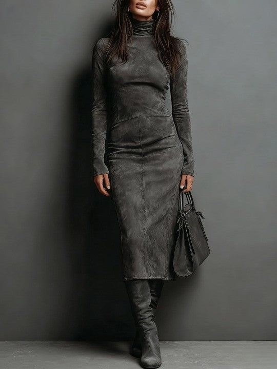 Robine | Robe Midi en Suède à Manches Longues