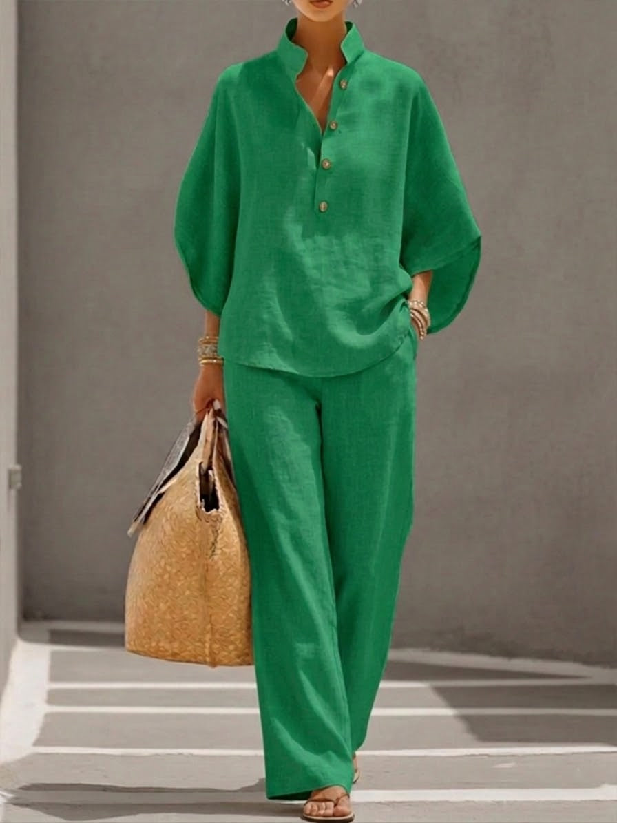 Lorena | Ensemble en Coton et Lin avec Manches Chauve-Souris et Pantalons Amples