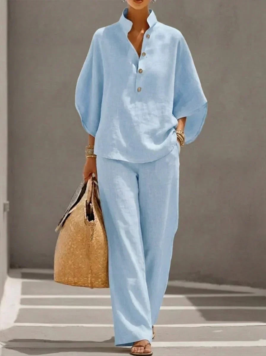 Camille™ | Ensemble en Lin avec Manches Chauve-Souris et Pantalons Amples