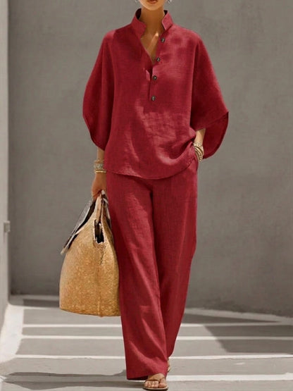 Lorena | Ensemble en Coton et Lin avec Manches Chauve-Souris et Pantalons Amples