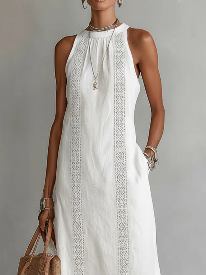 Julie | Robe Midi Sans Manches avec Détails en Dentelle