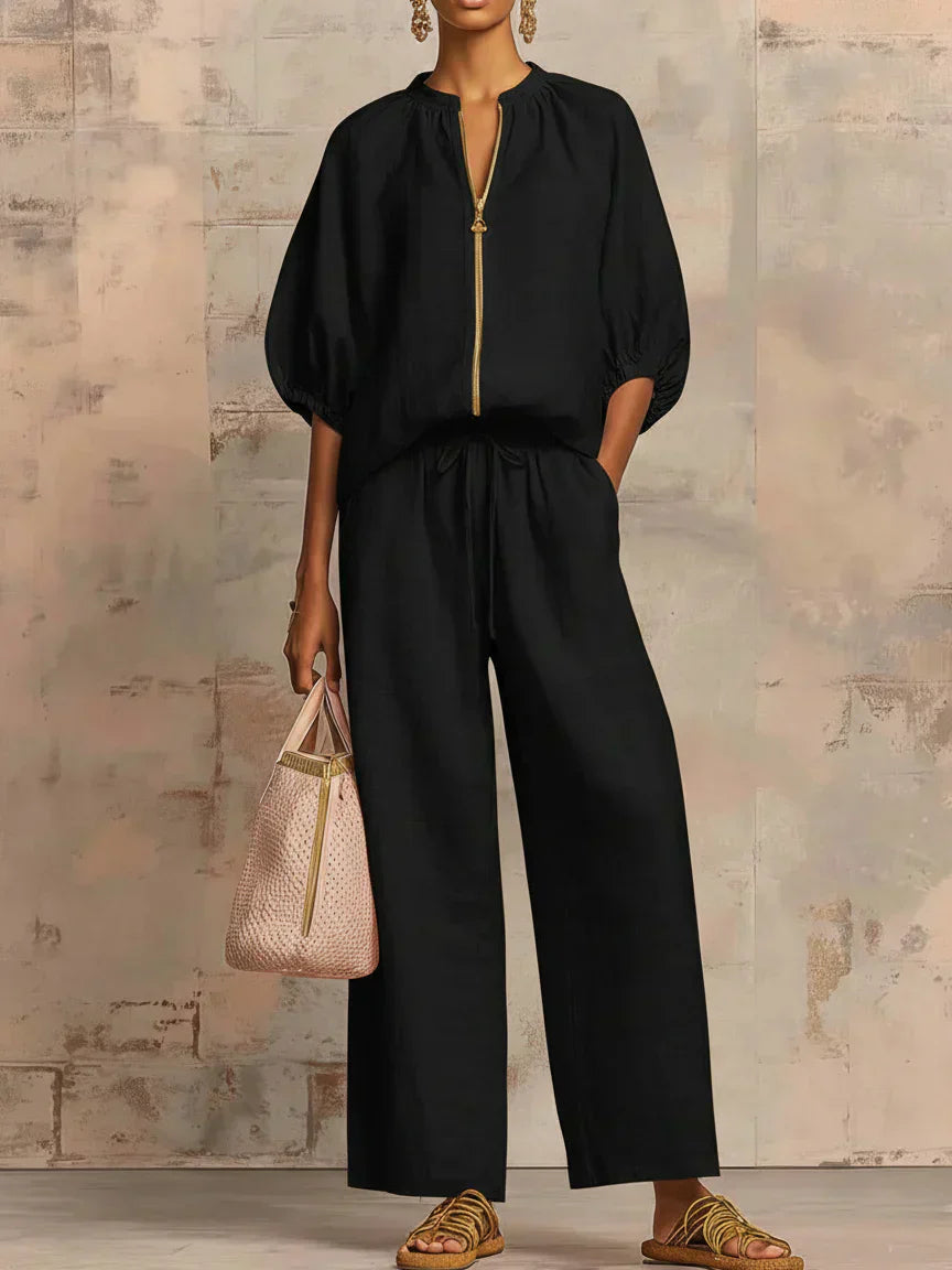 Colette | Ensemble en Lin et Coton en Deux Pièces : Chemise de Style Décontracté et Pantalons à Jambes Larges